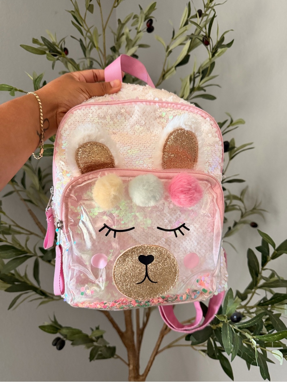 Kids Pink Sequin Bear Backpack with Pom Pom Accents